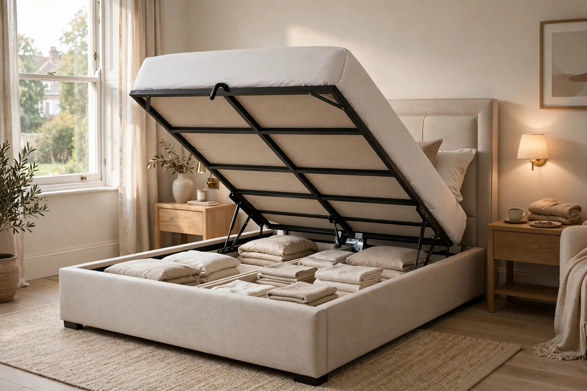 Upholstered gas-lift ottoman bed with the base raised open, showing deep storage space for bedding in a bright UK bedroom