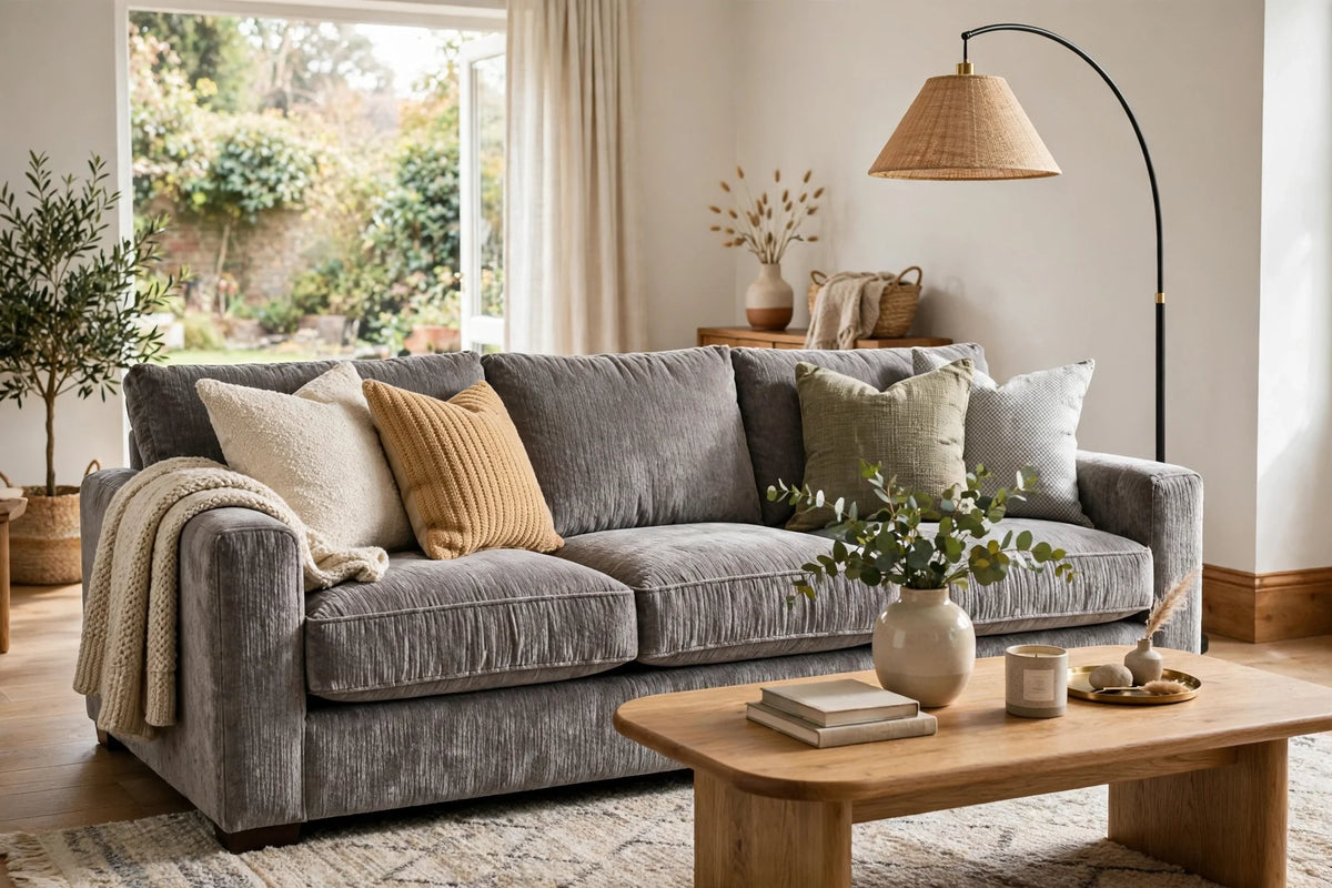 Grey chenille 3 seater sofa in a modern UK living room