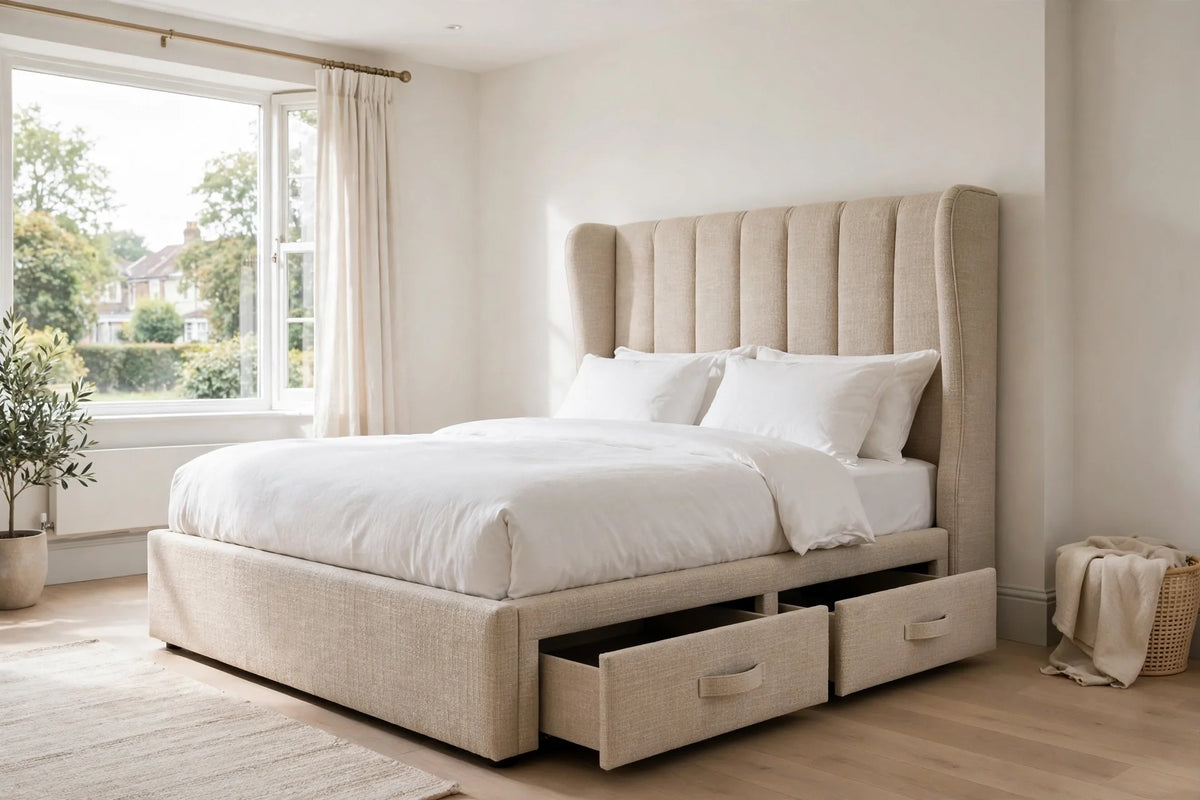 Handmade beige fabric divan bed base with open storage drawers and a tall wingback headboard in a bright UK bedroom