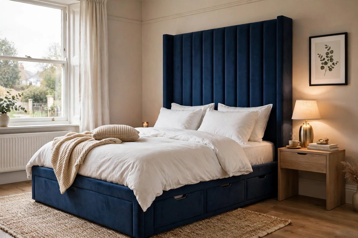 Navy blue upholstered divan bed with panel headboard and storage drawers in a bright UK bedroom