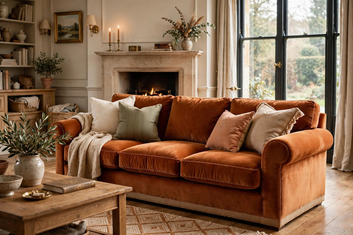 Handmade plush velvet three-seater sofa in a rich warm tone, centrepiece of an elegant UK living room