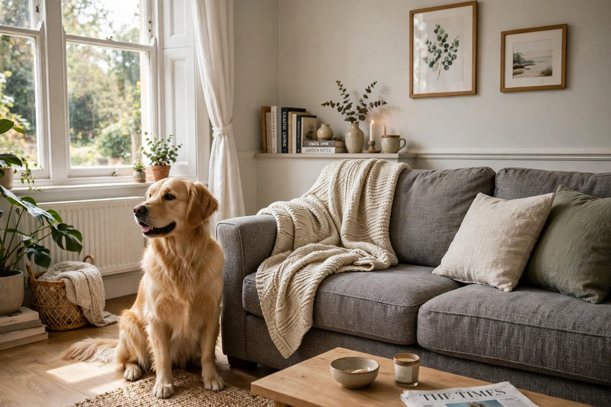 Golden retriever dog sitting next to a grey fabric sofa in a bright UK living room