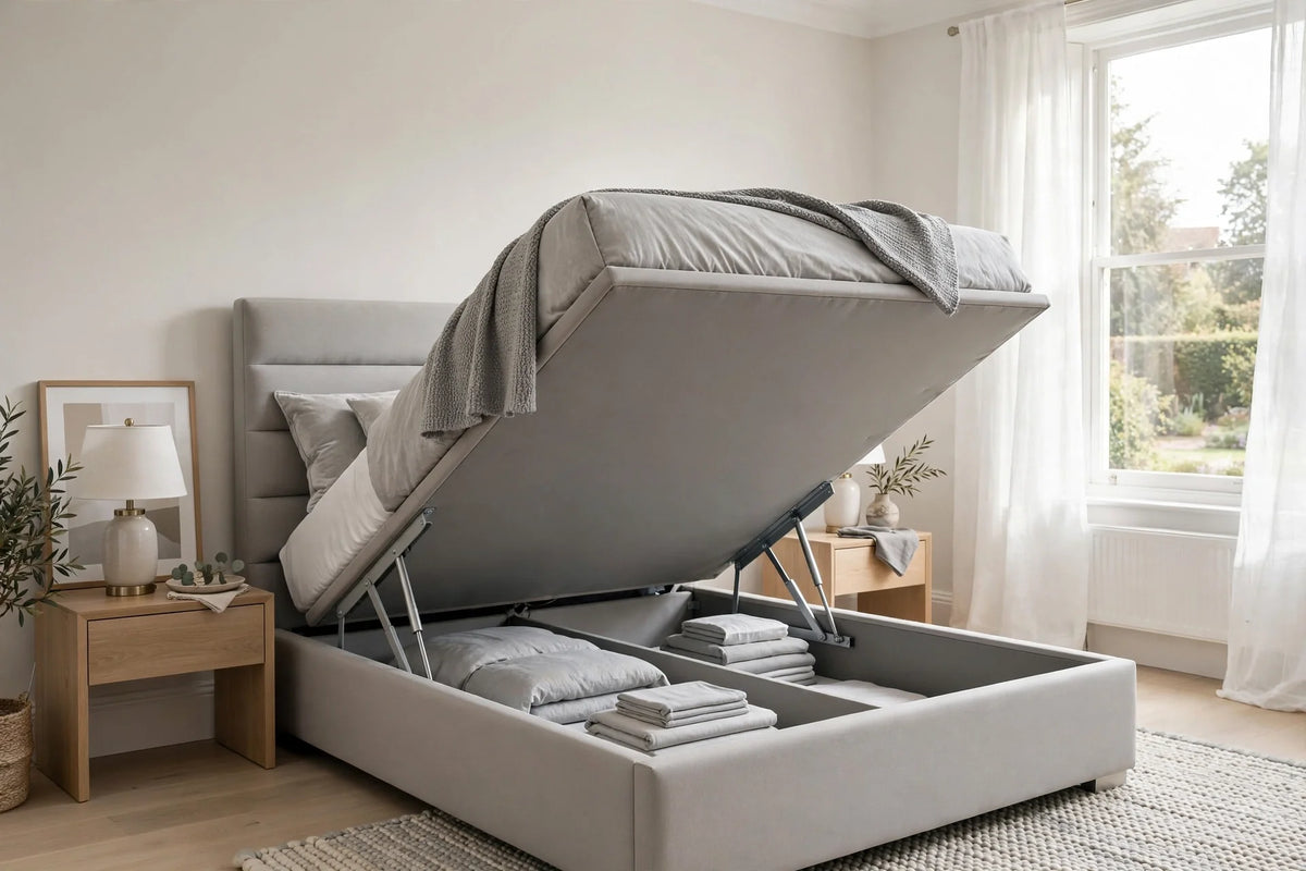 Ottoman storage bed with raised mattress platform revealing under-bed storage