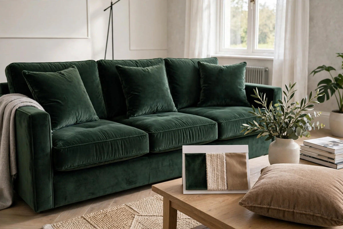 Deep green velvet three-seater sofa beside fabric swatches showing velvet, bouclé and jumbo cord samples in a bright UK living room