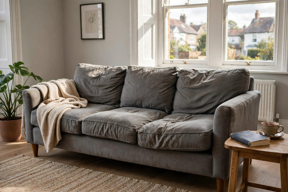 Well-loved grey fabric three-seater sofa in a bright UK living room showing natural wear on the cushions