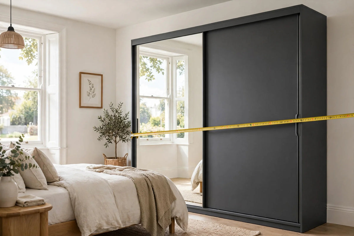 Dark grey sliding-door wardrobe with mirrored panel being measured with a yellow tape measure in a bright UK bedroom