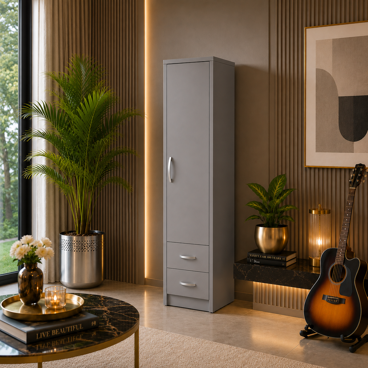 1 Door Wardrobe Single Gray | Modern Minimalist Storage Solution - Detailed Angle View 6