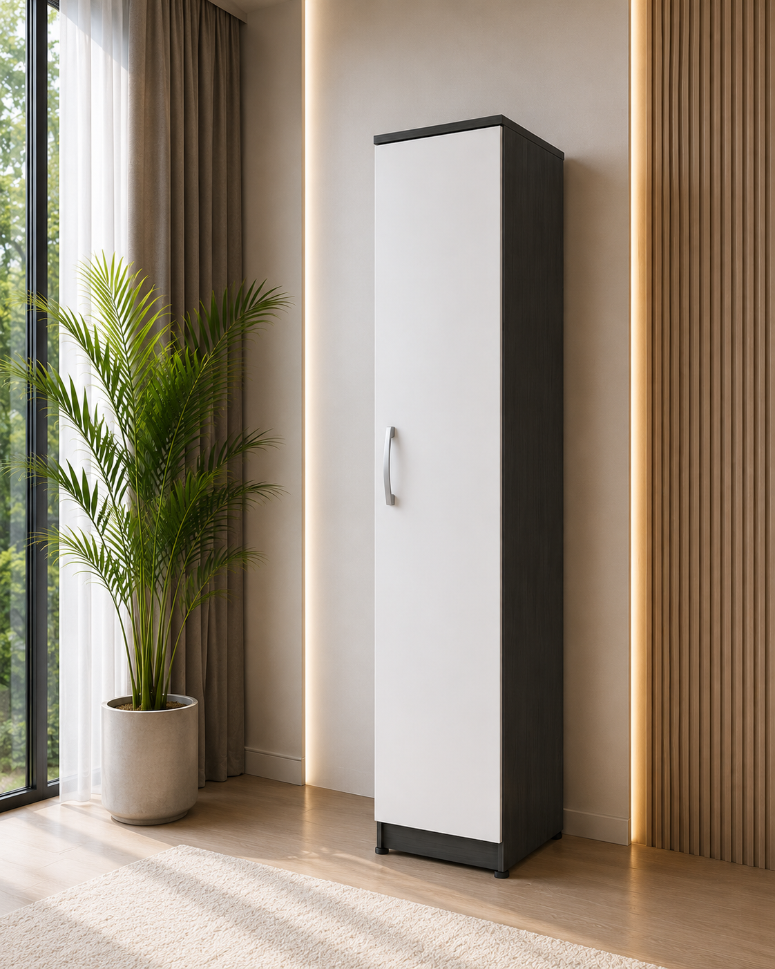 1 Door Wardrobe Single White + Gray | Modern Contrast Storage Solution - Detailed Angle View 4