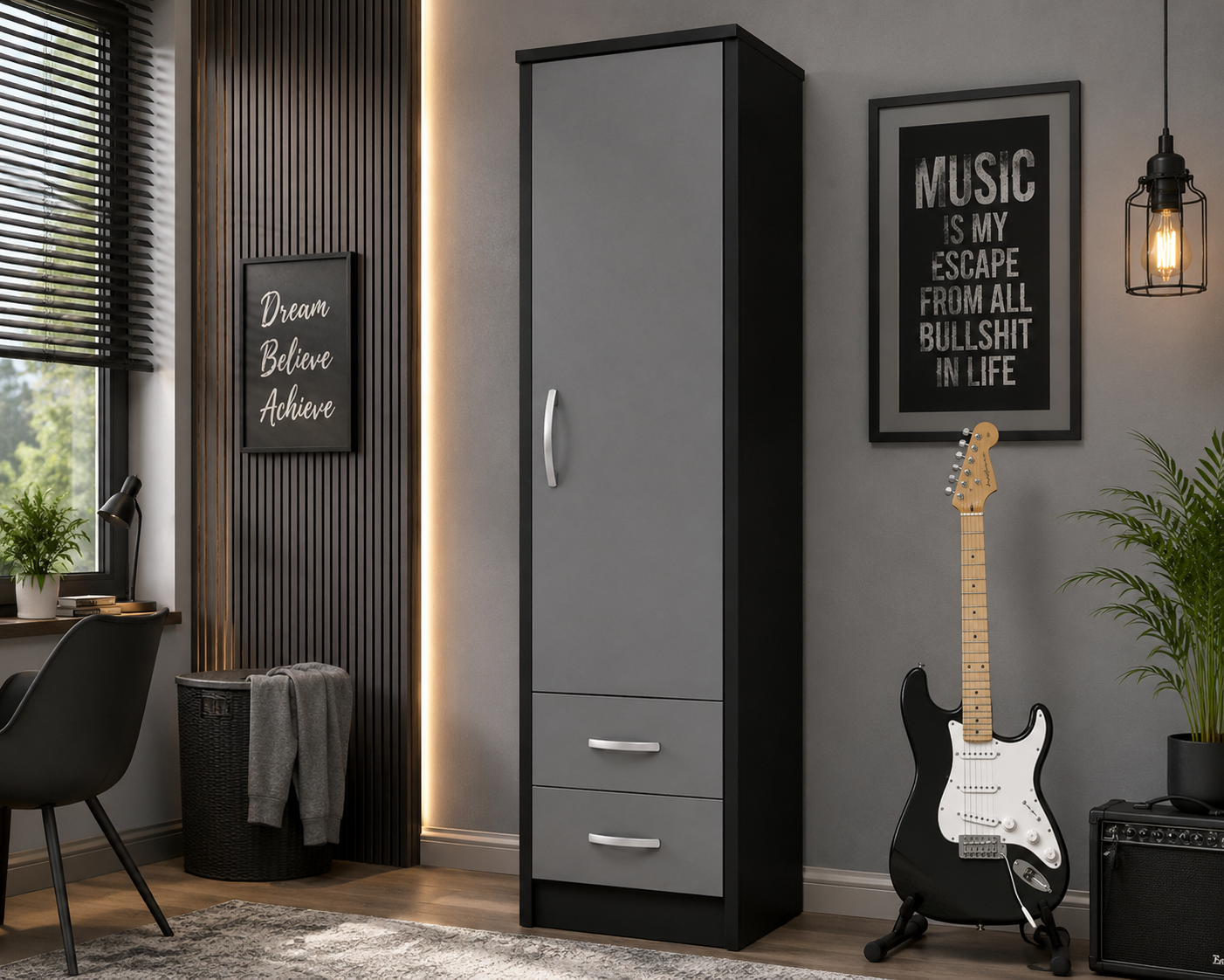 1 Door Wardrobe Single with Bottom Drawers Black + Gray | Executive Wardrobe - Detailed Angle View 4