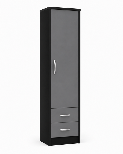 1 Door Wardrobe Single with Bottom Drawers Black + Gray | Executive Wardrobe - Detailed Angle View 2