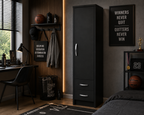 1 Door Wardrobe Single with Bottom Drawers Black | Hybrid Storage Solution - Detailed Angle View 4