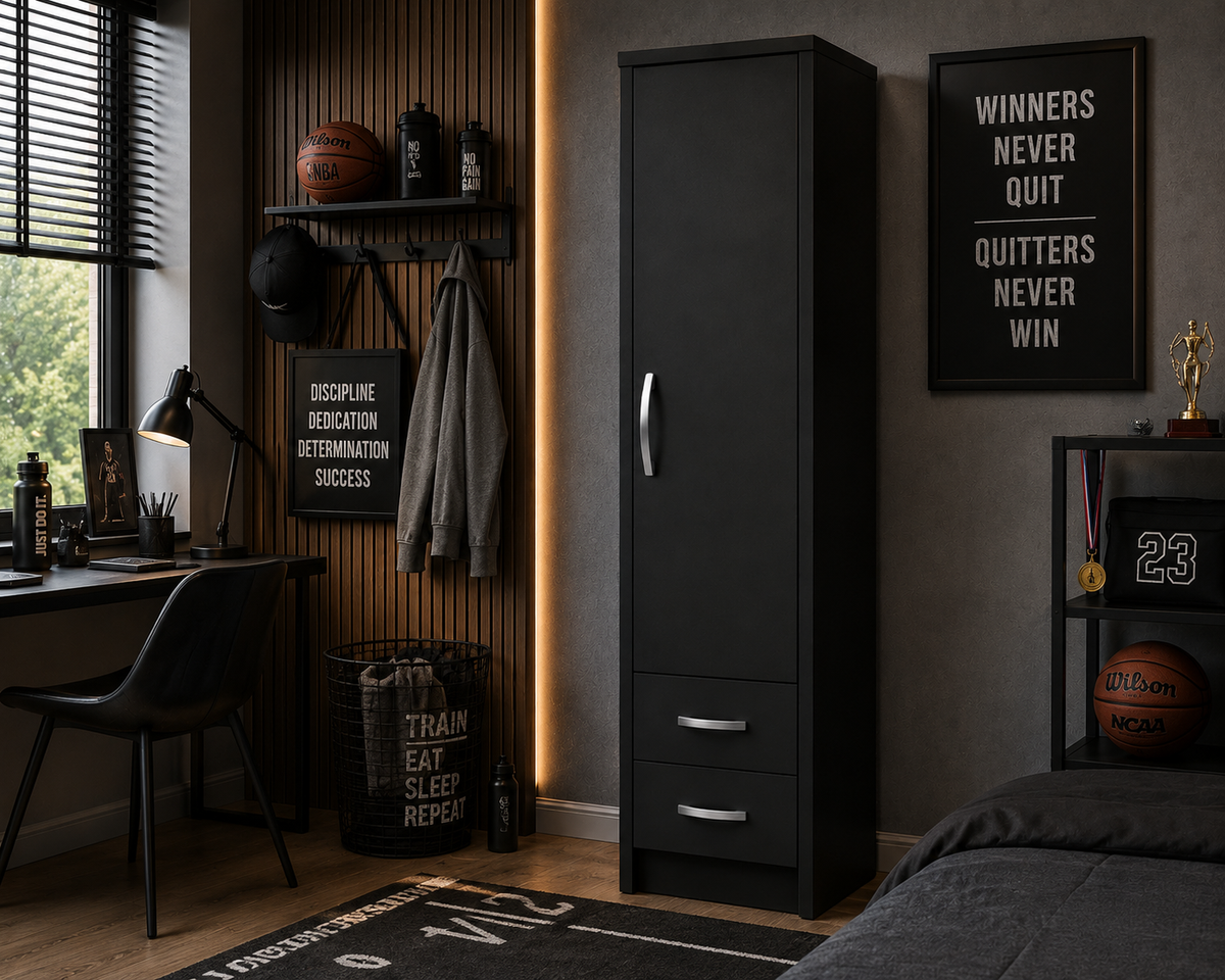 1 Door Wardrobe Single with Bottom Drawers Black | Hybrid Storage Solution - Detailed Angle View 4