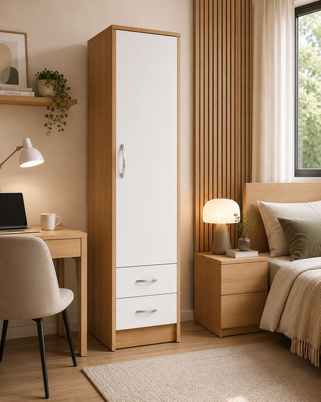 1 Door Wardrobe Single with Bottom Drawers Oak + White | Candy Storage - Detailed Angle View 4