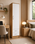 1 Door Wardrobe Single with Bottom Drawers Oak + White | Candy Storage - Detailed Angle View 4