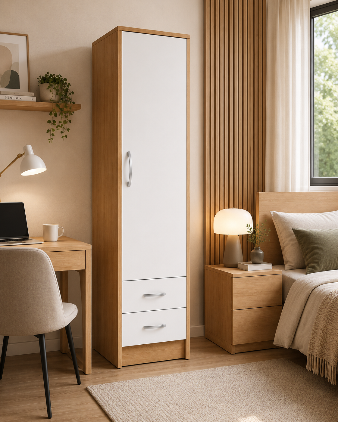 1 Door Wardrobe Single with Bottom Drawers Oak + White | Candy Storage - Detailed Angle View 4