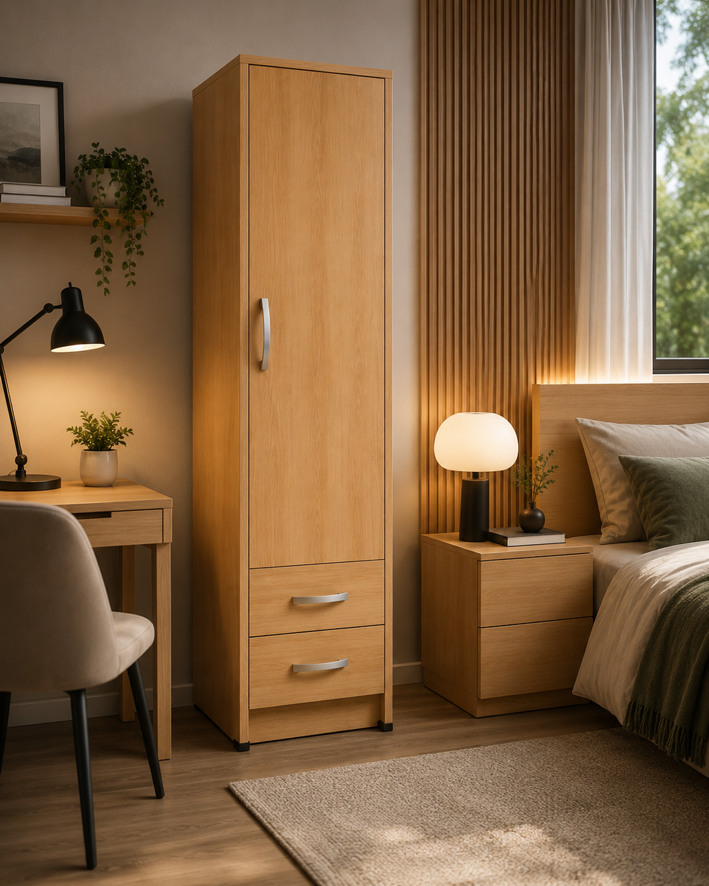 1 Door Wardrobe Single with Bottom Drawers Oak | Hybrid Storage - Detailed Angle View 4