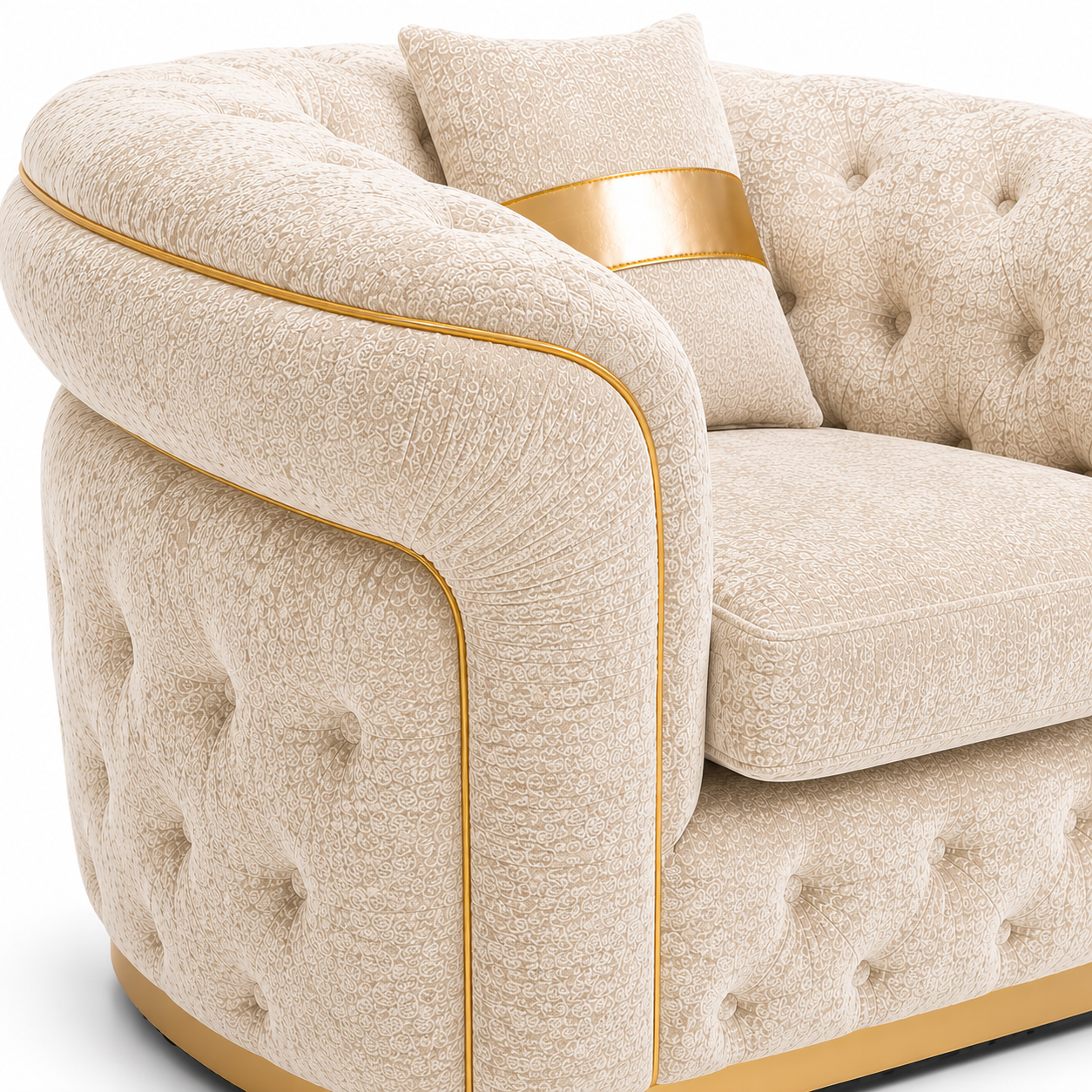 1 Seater Madrid Chesterfield Chenille Cream Sofa - Detailed Angle View 3