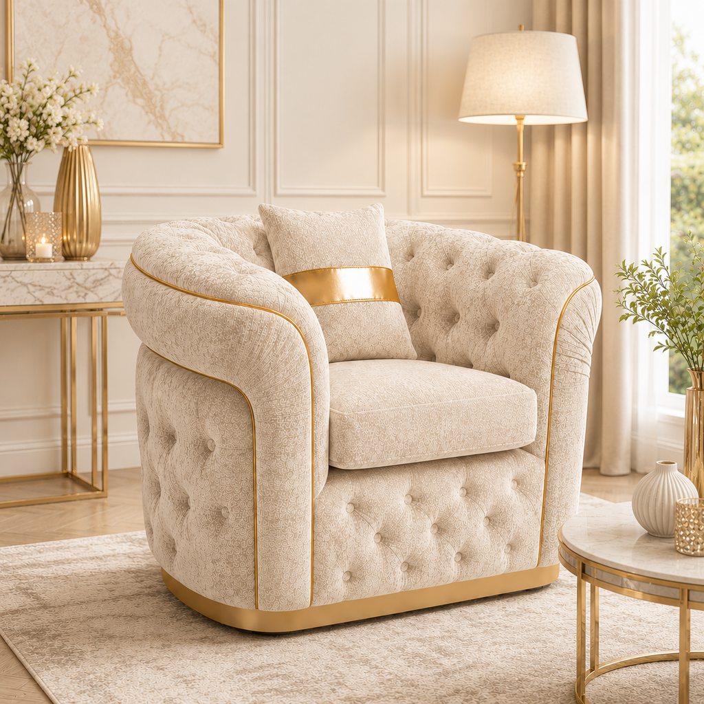 1 Seater Madrid Chesterfield Chenille Cream Sofa - Detailed Angle View 4