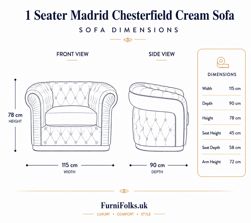 1 Seater Madrid Chesterfield Chenille Cream Sofa - Detailed Angle View 6