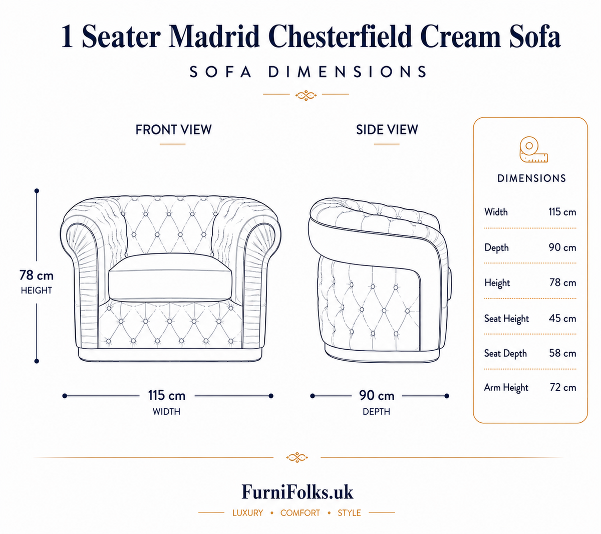 1 Seater Madrid Chesterfield Chenille Cream Sofa - Detailed Angle View 6