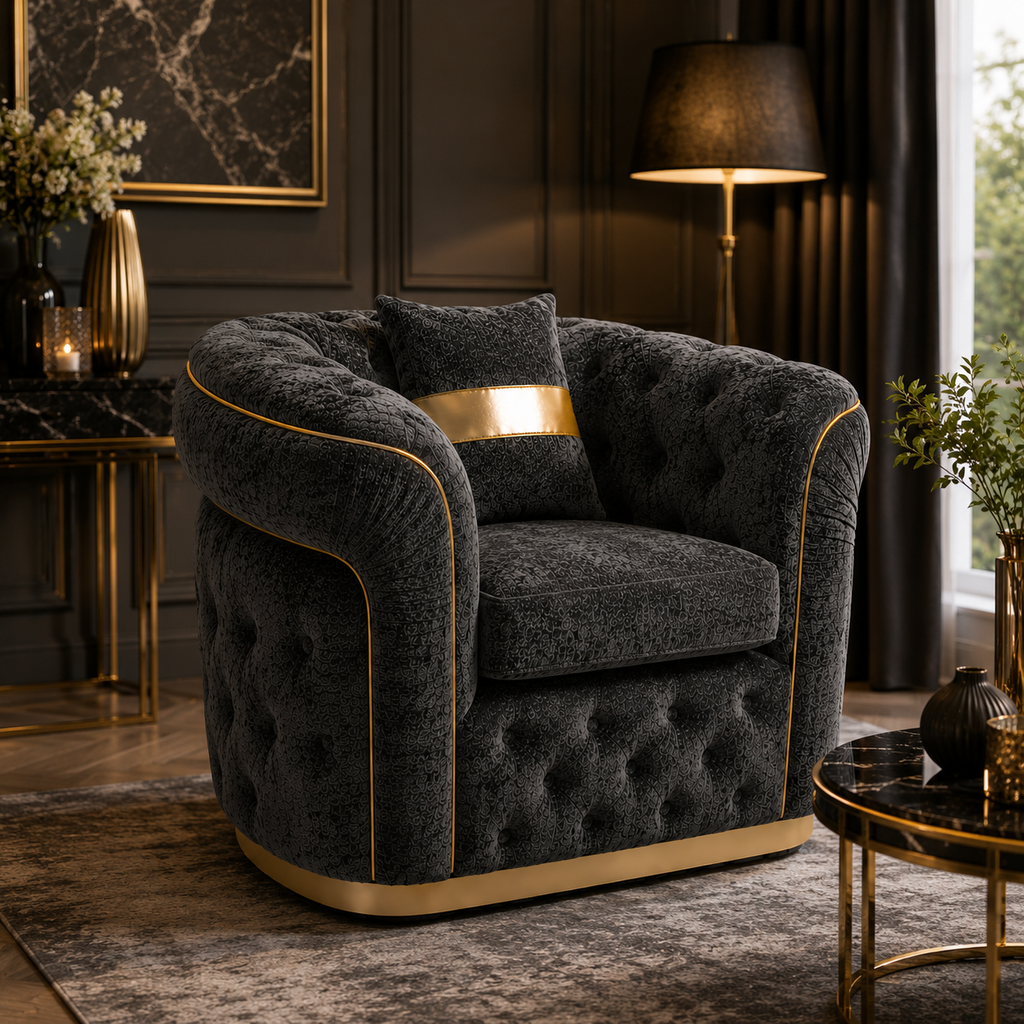 1 Seater Madrid Chesterfield Chenille Dark Grey Sofa | FurniFolks - Detailed Angle View 4