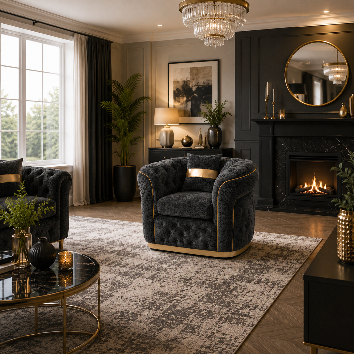 1 Seater Madrid Chesterfield Chenille Dark Grey Sofa | FurniFolks - Detailed Angle View 5