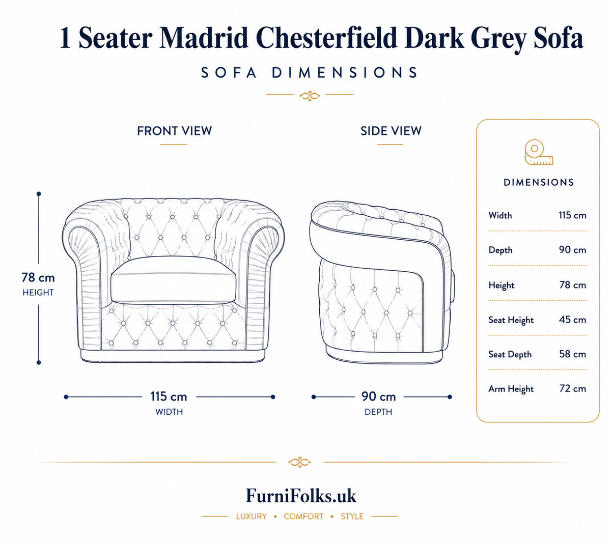 1 Seater Madrid Chesterfield Chenille Dark Grey Sofa | FurniFolks - Detailed Angle View 6