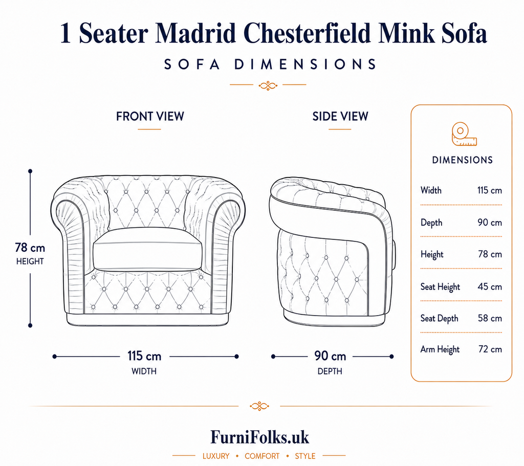 1 Seater Madrid Chesterfield Chenille Mink Sofa - Detailed Angle View 6