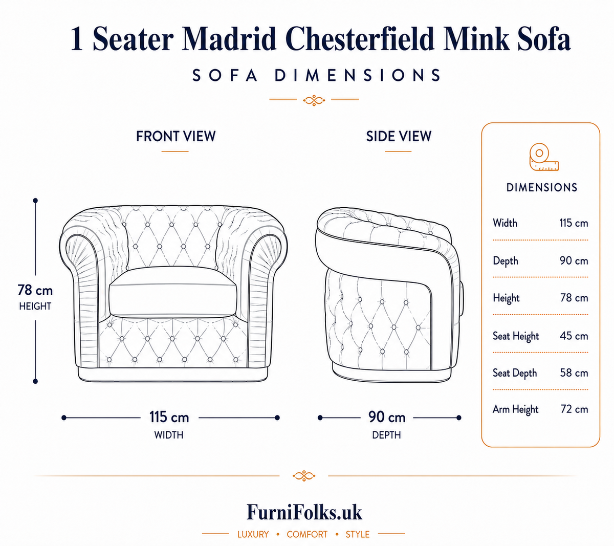 1 Seater Madrid Chesterfield Chenille Mink Sofa - Detailed Angle View 6