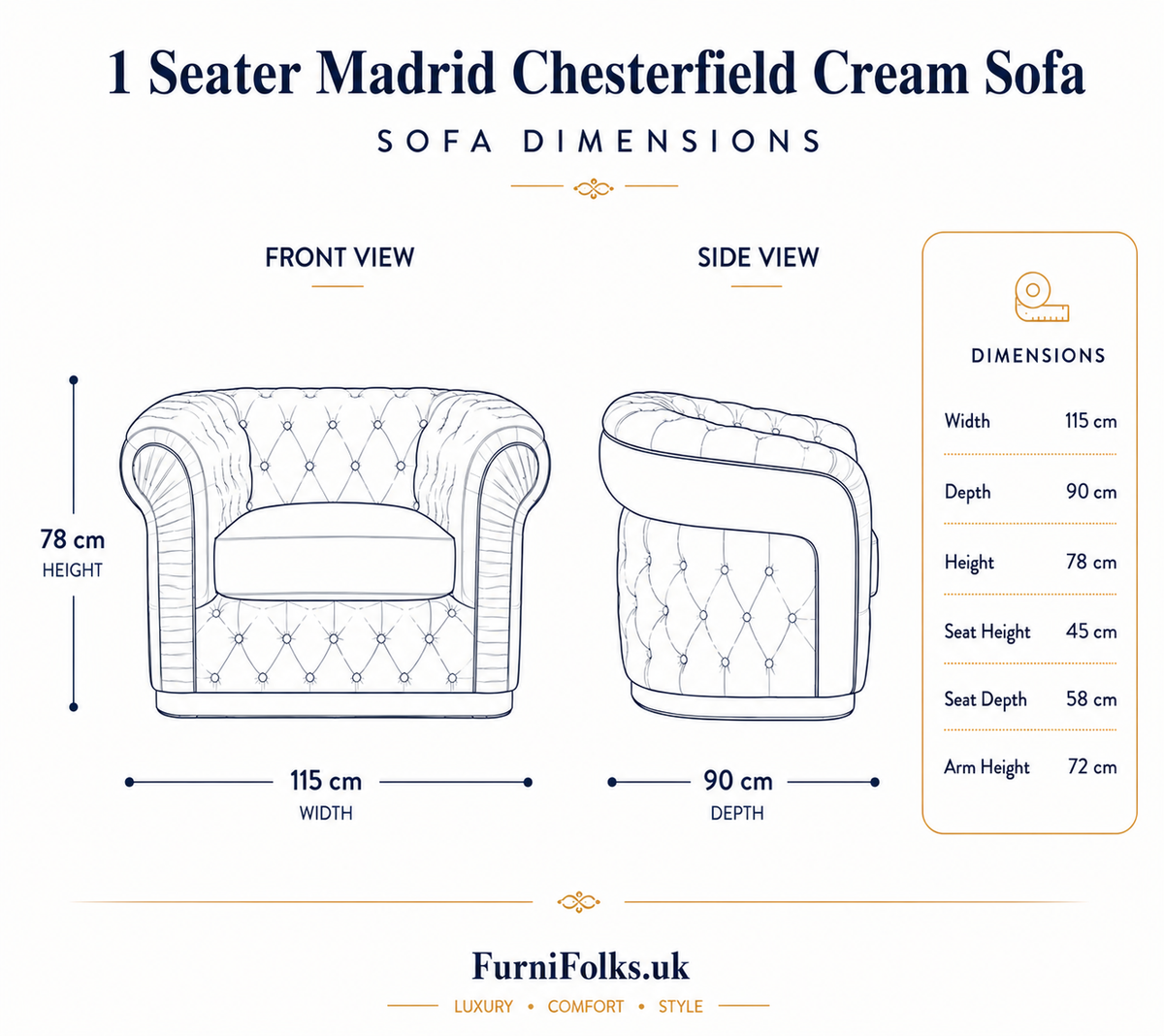 1 Seater Madrid Chesterfield Crush Velvet Cream Sofa - Detailed Angle View 6
