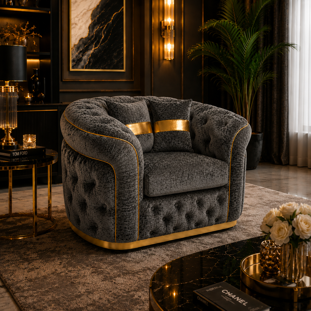 1 Seater Madrid Chesterfield Crush Velvet Dark Grey Sofa - Detailed Angle View 4