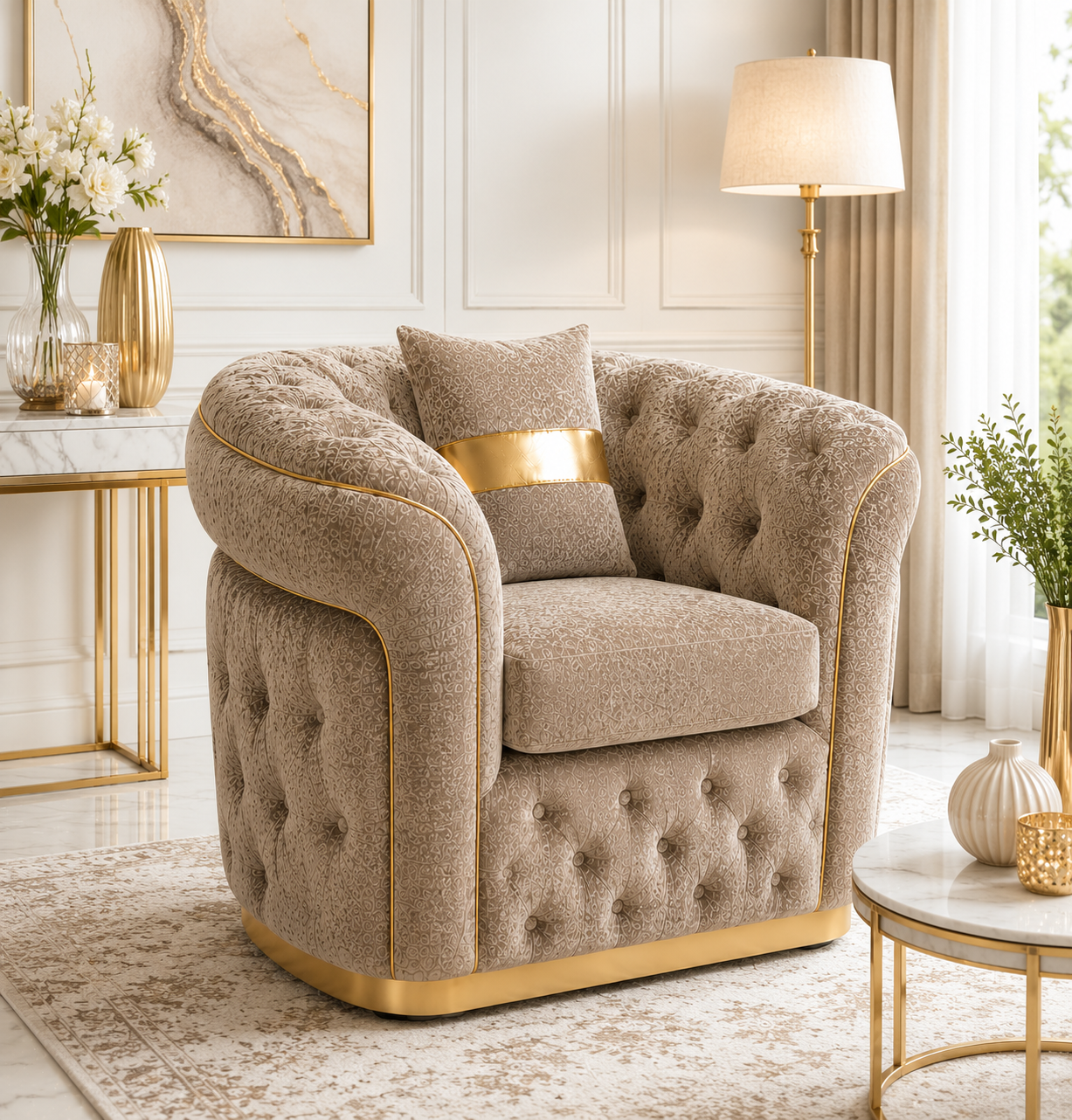 1 Seater Madrid Chesterfield Crush Velvet Mink Sofa - Detailed Angle View 4