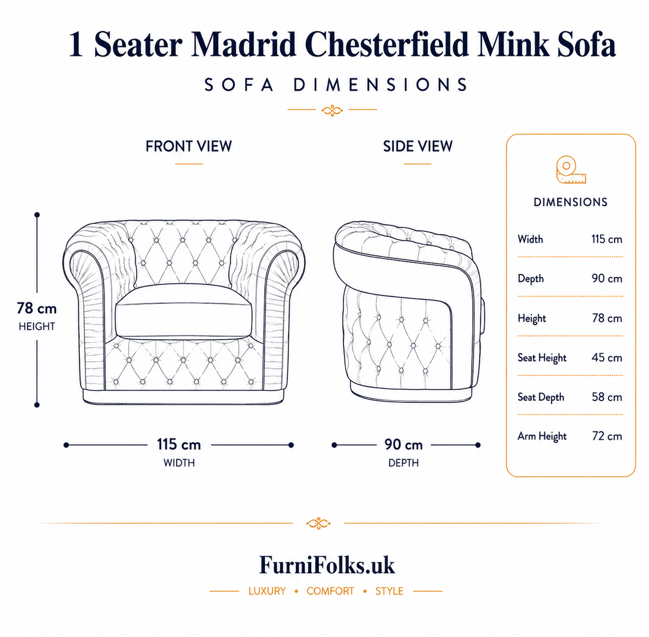 1 Seater Madrid Chesterfield Crush Velvet Mink Sofa - Detailed Angle View 6