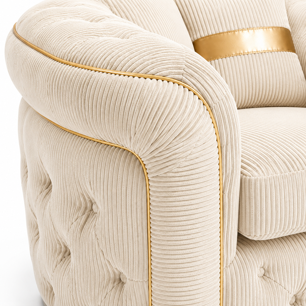 1 Seater Madrid Chesterfield Jumbo Cord Cream Sofa - Detailed Angle View 3
