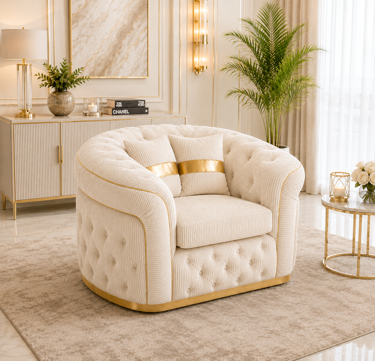 1 Seater Madrid Chesterfield Jumbo Cord Cream Sofa - Detailed Angle View 4