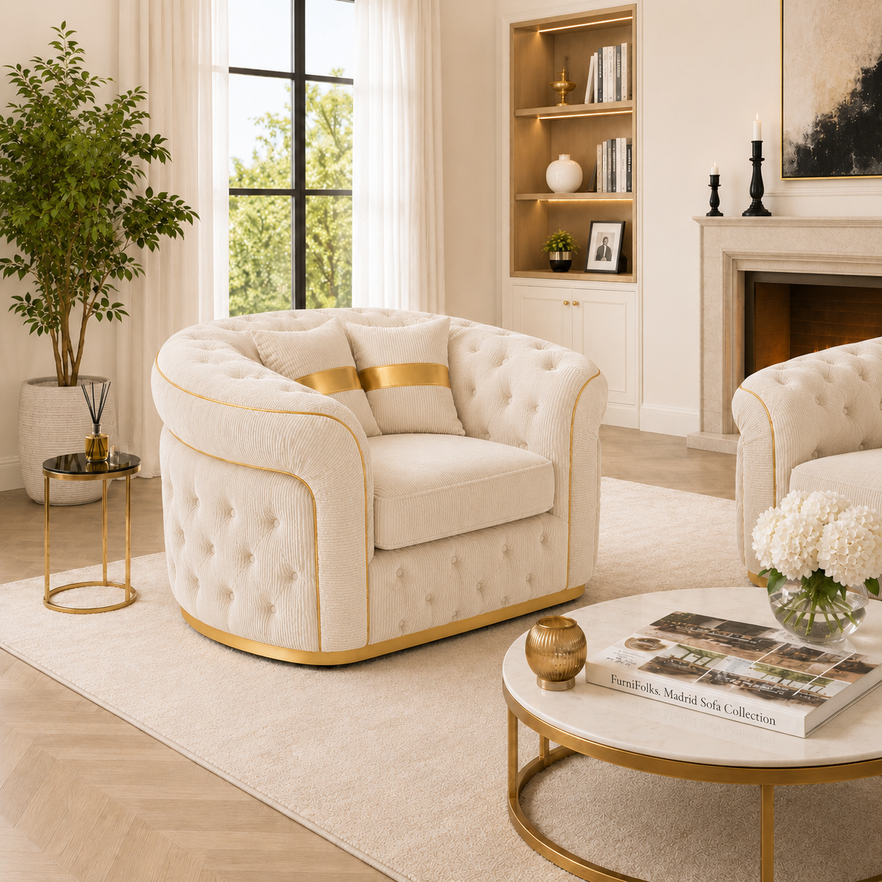 1 Seater Madrid Chesterfield Jumbo Cord Cream Sofa - Detailed Angle View 5