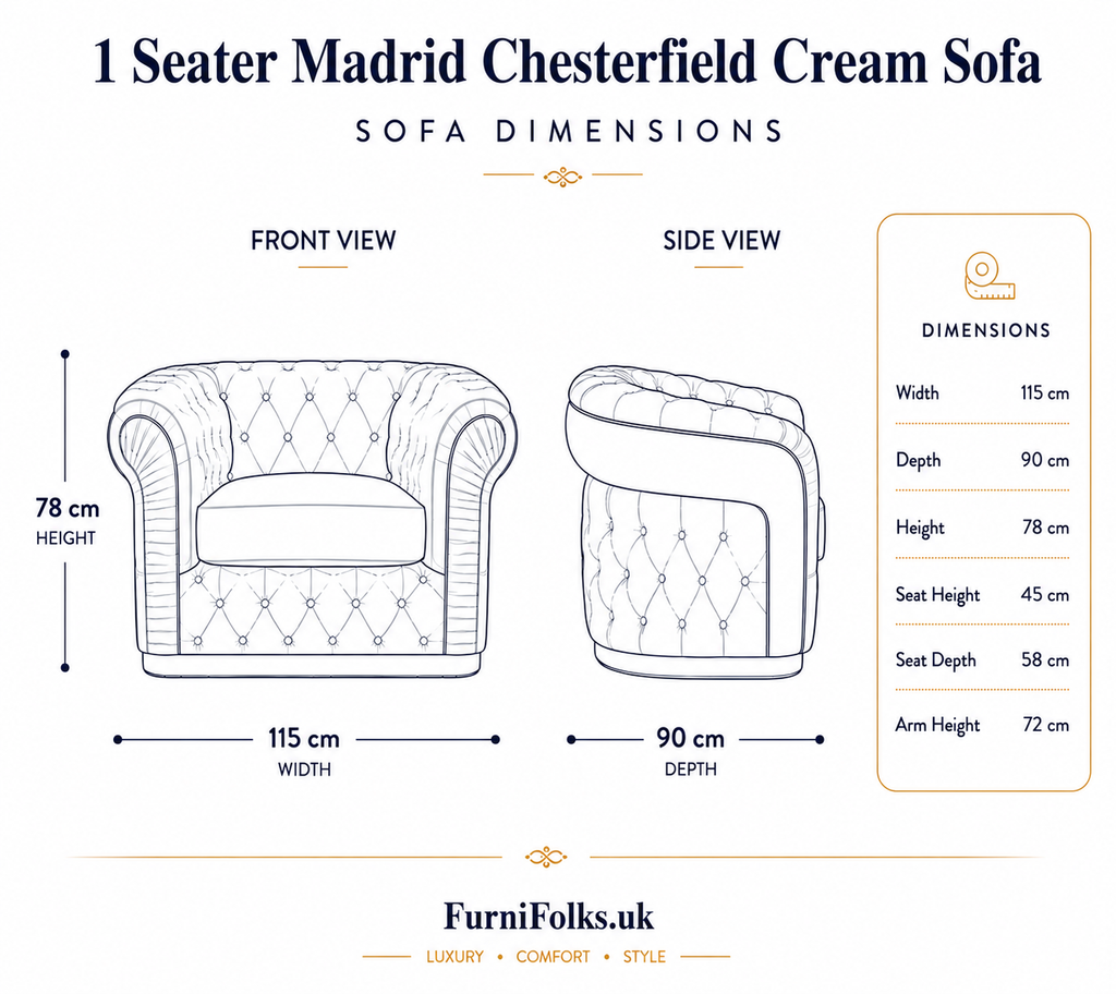 1 Seater Madrid Chesterfield Jumbo Cord Cream Sofa - Detailed Angle View 6