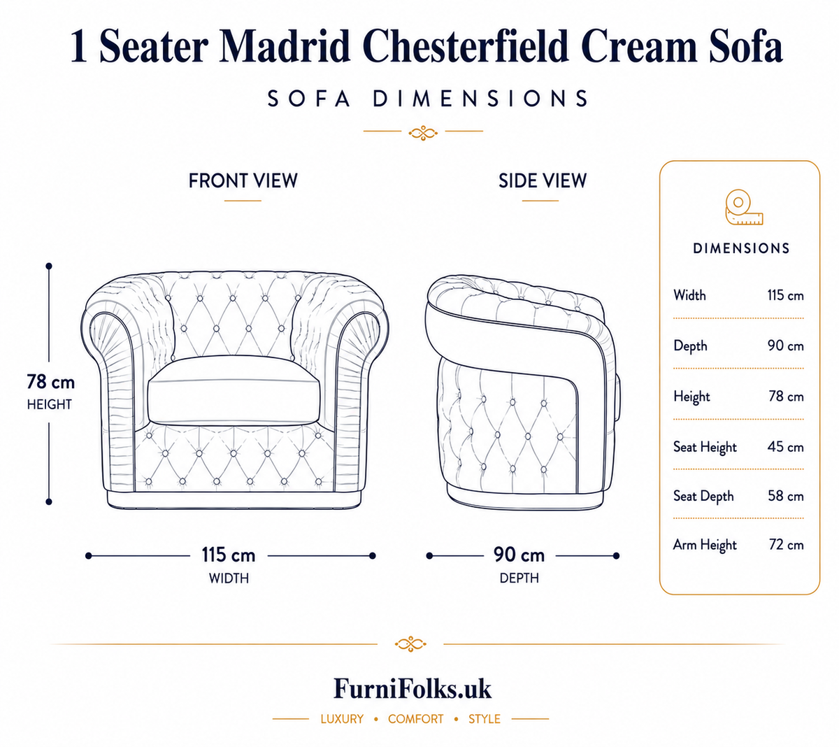 1 Seater Madrid Chesterfield Jumbo Cord Cream Sofa - Detailed Angle View 6