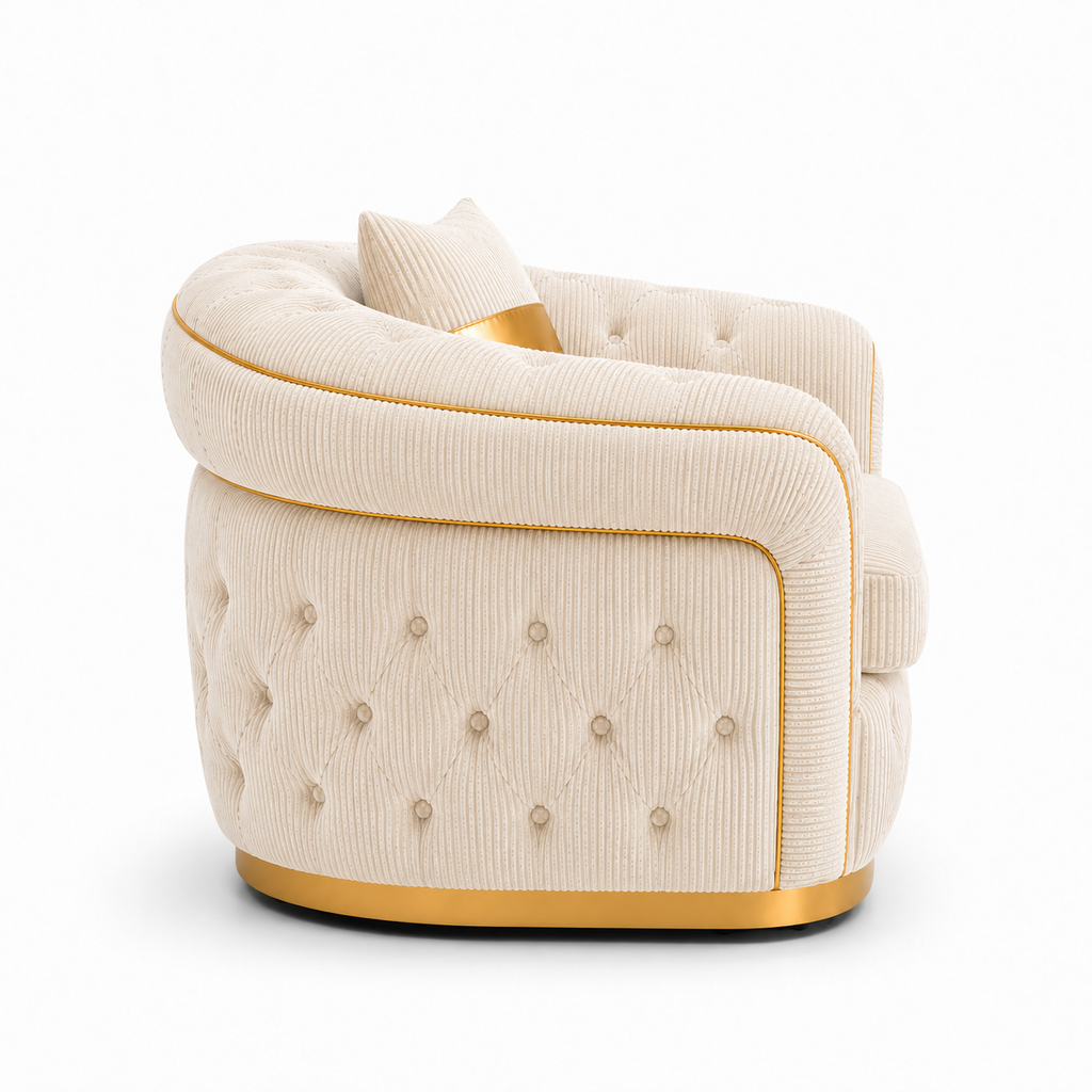 1 Seater Madrid Chesterfield Jumbo Cord Cream Sofa - Detailed Angle View 2