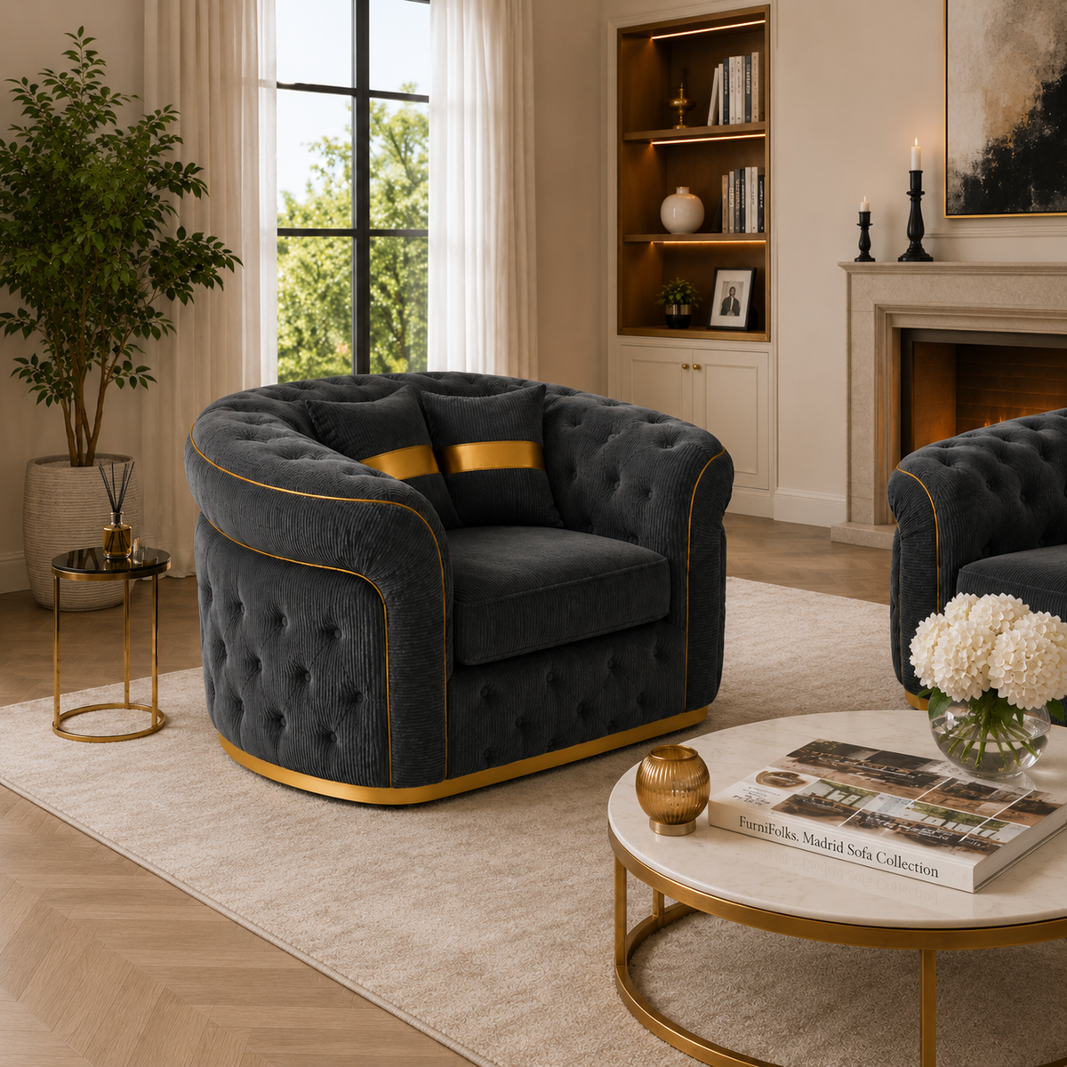 1 Seater Madrid Chesterfield Jumbo Cord Dark Grey Sofa - Detailed Angle View 5