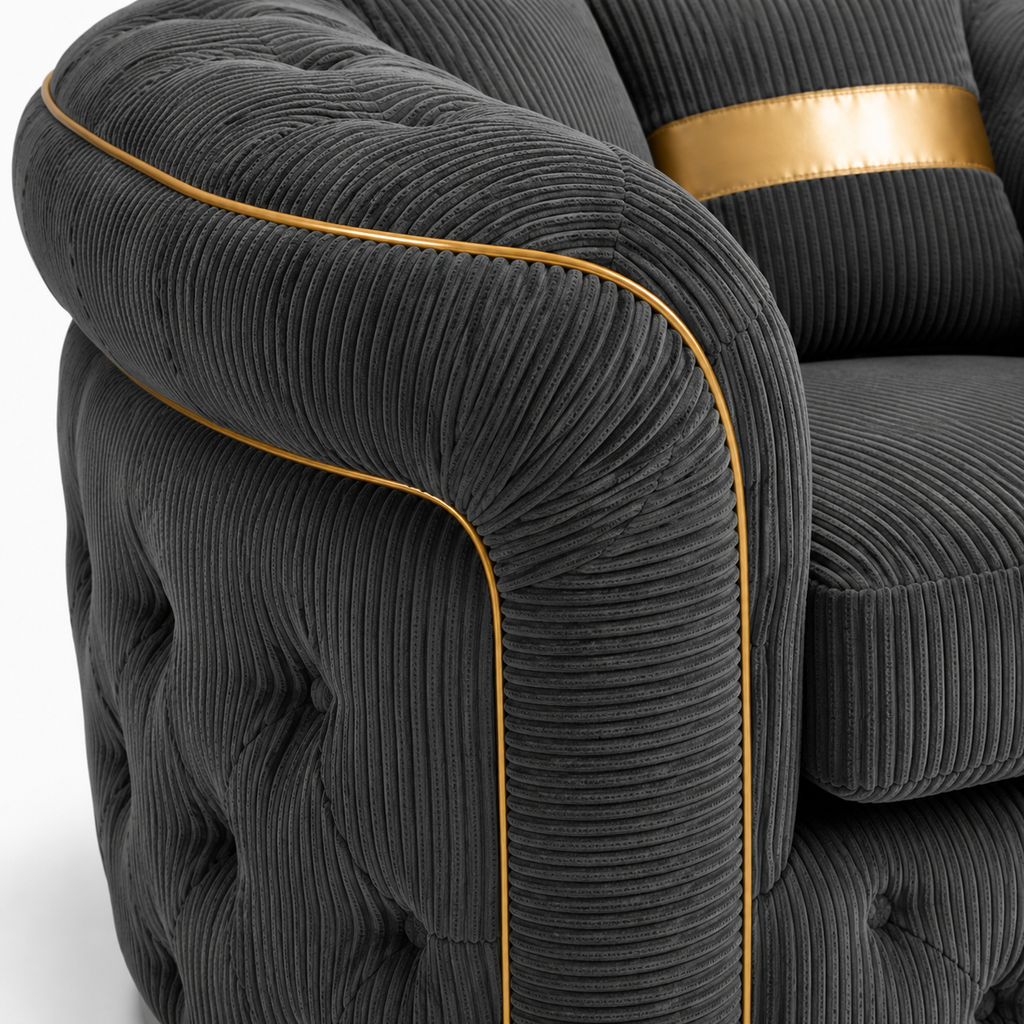 1 Seater Madrid Chesterfield Jumbo Cord Dark Grey Sofa - Detailed Angle View 2
