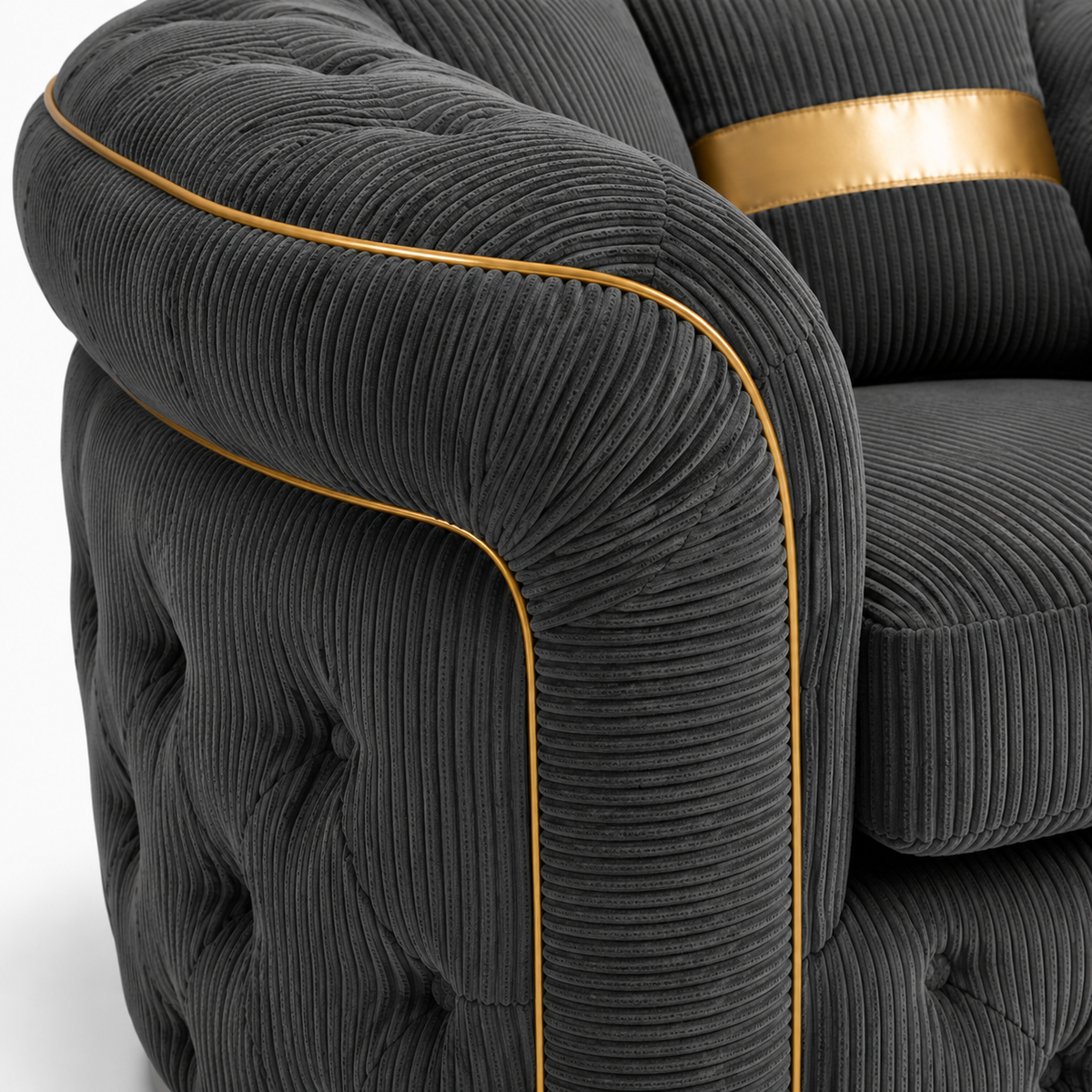 1 Seater Madrid Chesterfield Jumbo Cord Dark Grey Sofa - Detailed Angle View 2