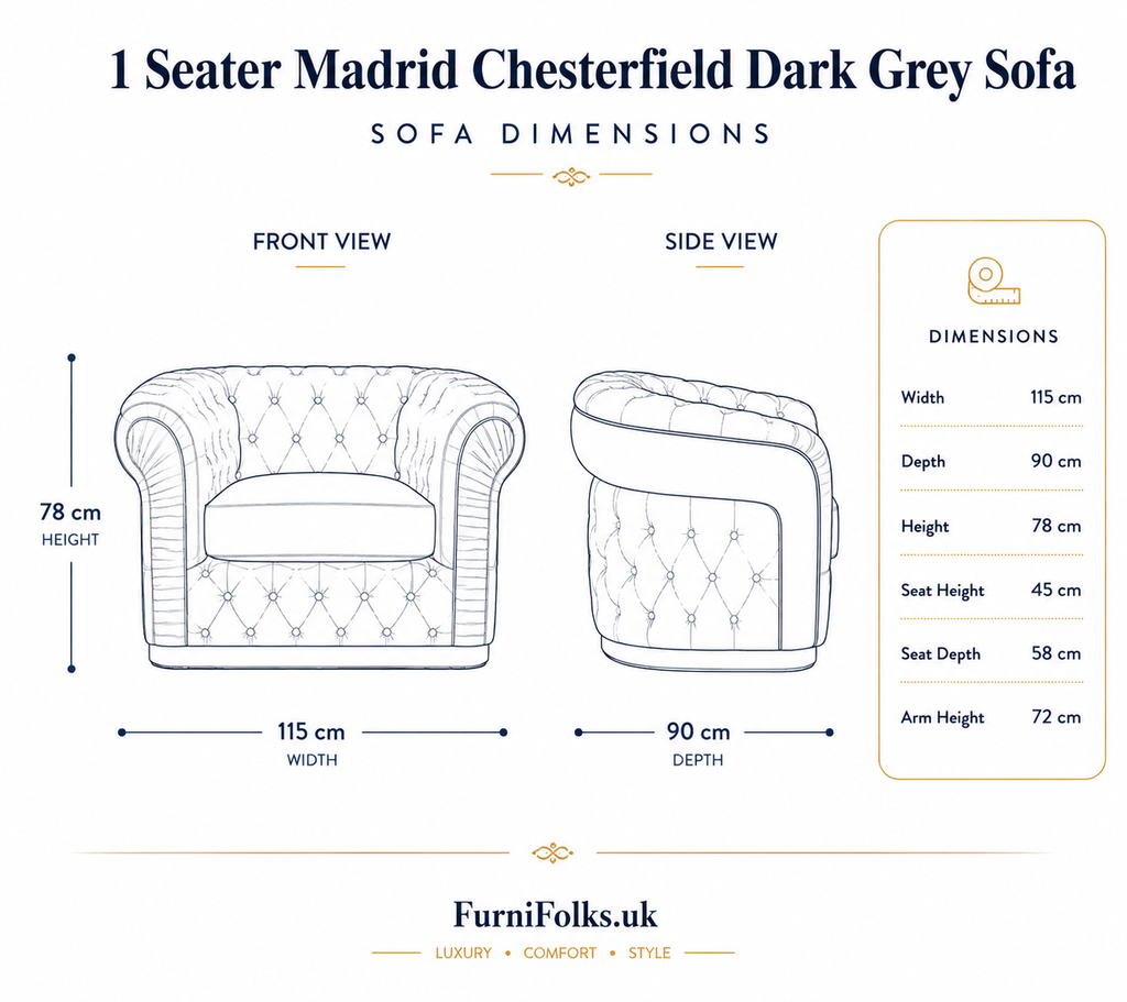 1 Seater Madrid Chesterfield Jumbo Cord Dark Grey Sofa - Detailed Angle View 6