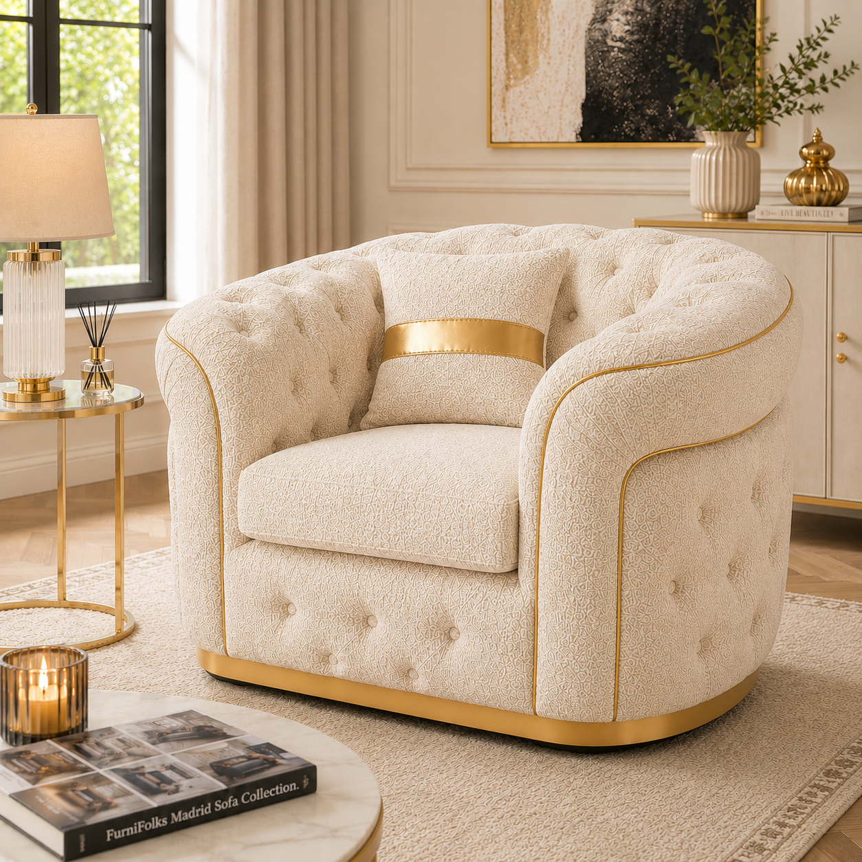 1 Seater Madrid Chesterfield Naples & Kensington Cream Sofa - Detailed Angle View 4