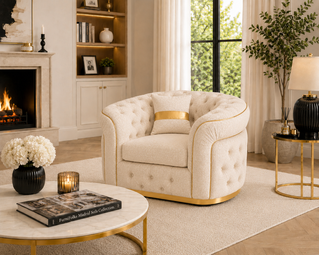 1 Seater Madrid Chesterfield Naples & Kensington Cream Sofa - Detailed Angle View 5