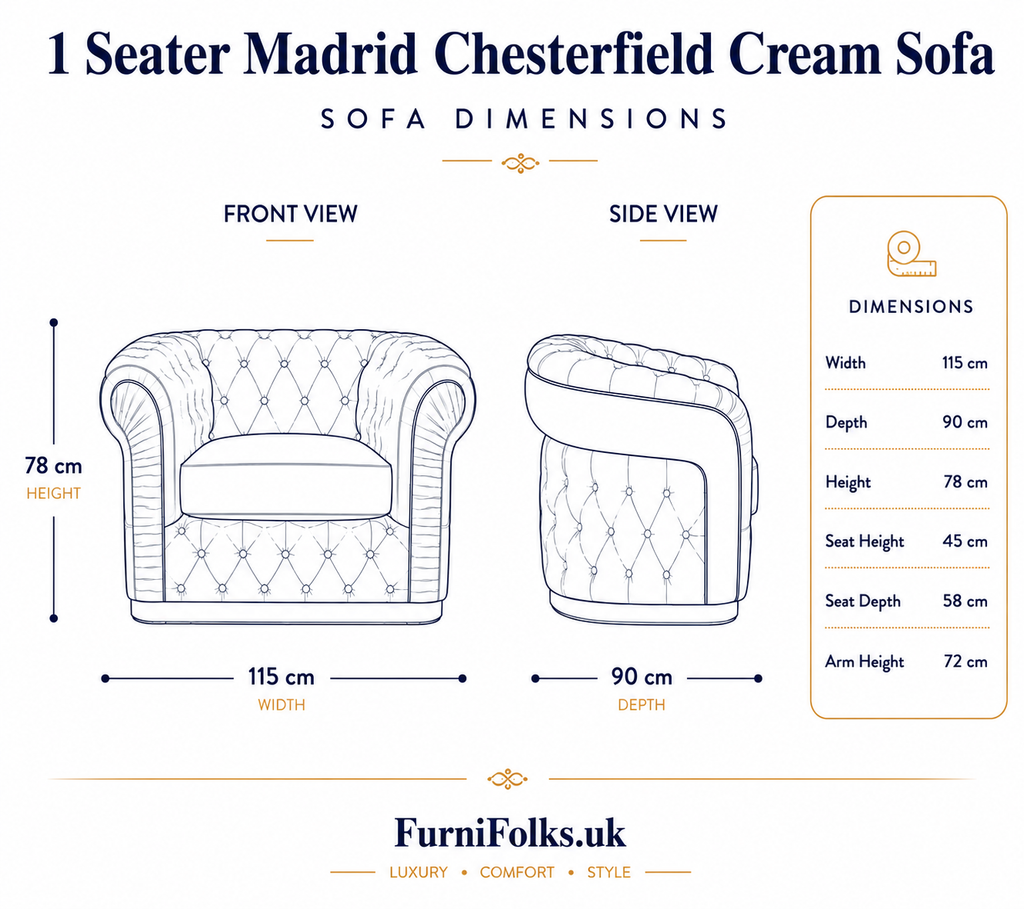 1 Seater Madrid Chesterfield Plush Velvet Cream Sofa - Detailed Angle View 6