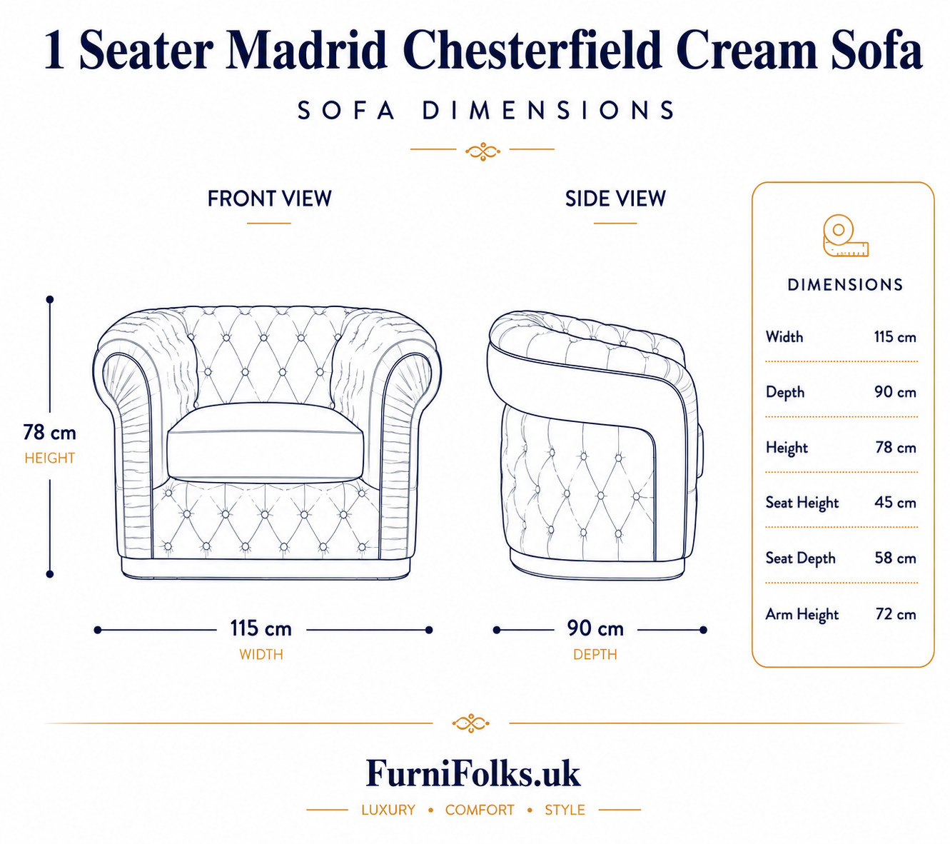 1 Seater Madrid Chesterfield Plush Velvet Cream Sofa - Detailed Angle View 6
