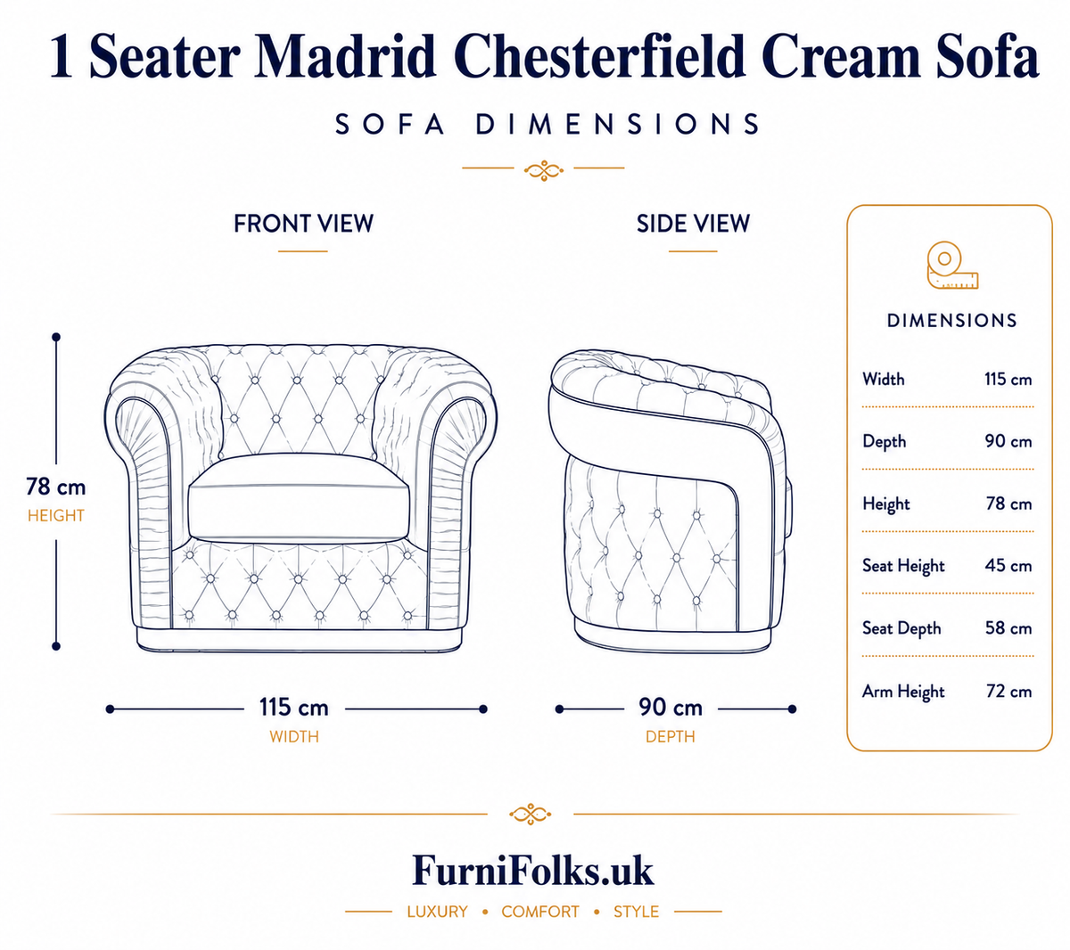 1 Seater Madrid Chesterfield Naples & Kensington Cream Sofa - Detailed Angle View 6