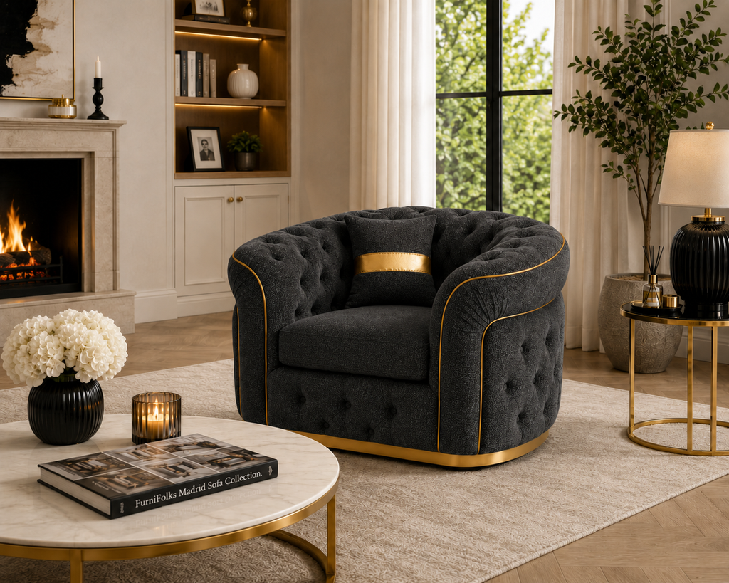 1 Seater Madrid Chesterfield Naples & Kensington Dark Grey Sofa - Detailed Angle View 5
