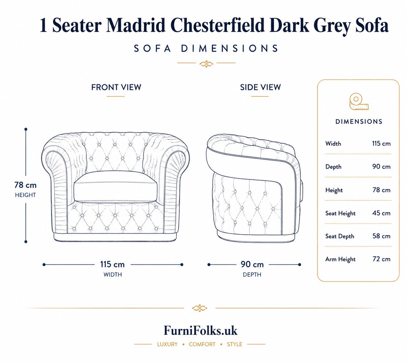 1 Seater Madrid Chesterfield Naples & Kensington Dark Grey Sofa - Detailed Angle View 6